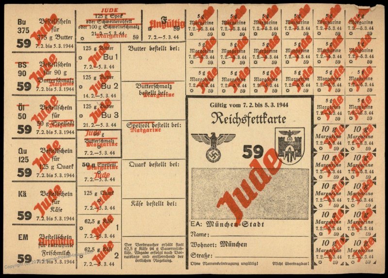 3rd Reich Germany 1944 Munich Butter and Lard Ration Card for Jewish Perso 96258