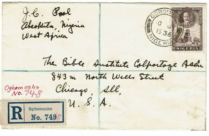 Nigeria 1936 Ogbomosho cancel on registered cover to the U.S.