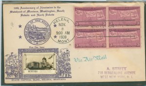 US 858 1939 3c Montana 50th Anniversary (block of four) on an addressed FDC with a Helena, MT cancel and a Crosby cachet