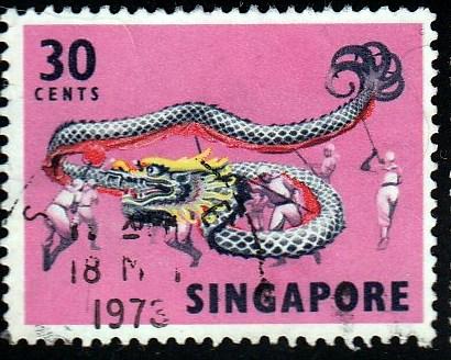 Singapore #92 Dragon Dance, 1968. Used, Repaired