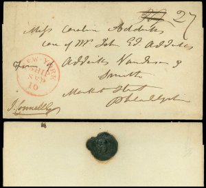 1849-50 SEP 10 NEW YORK SHIP Cancel to CAROLINE ADDAMS C/O JOHN, Philadelphia PA