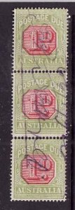Australia-Sc#J40c-used strip of 3- 1p Postage Due-perf 14-1909-23-