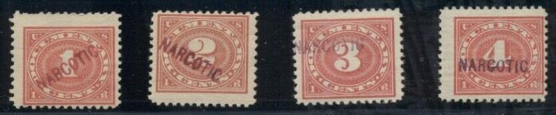 US #RJA9-12 1¢ - 4¢  Narcotic Tax Stamps, og, NH, Scott for hinged $57.00