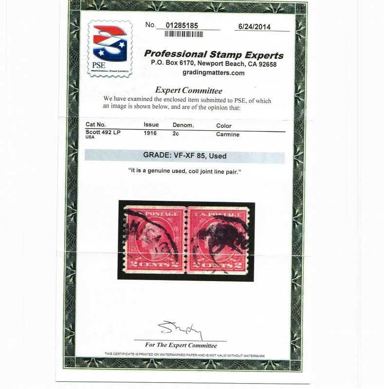 EXCEPTIONAL GENUINE SCOTT #492 USED 1916 COIL LINE PAIR PSE CERT GRADED VF-XF 85