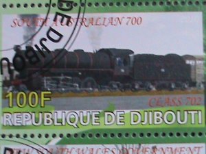 DJIBOUTI-2010 WORLD FAMOUS LOCO MOTIVE TRAINS CTO SHEET VF-WITH FANCY CANCEL