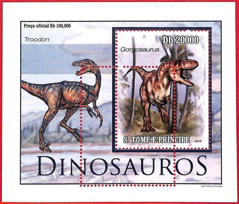 A4456 - SAO TOME & PRINCIPE- ERROR MISPERF Souvenir s: 2010 Dinosaurs Prehistory