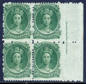 NOVA SCOTIA — SCOTT 11 — 1860 8½¢ IMPRINT BLOCK OF 4 — MH — SCV $48