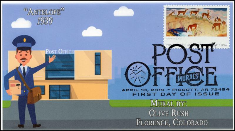 19-072, 2019, Post Office Murals, Pictorial  Postmark, FDC, Antelope