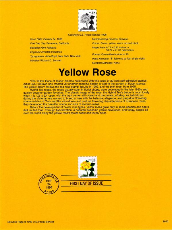US SP1188 Yellow Rose 3049 Souvenir Page FDC