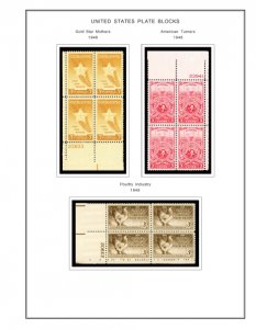 COLOR PRINTED US PLATE BLOCKS 1940-1949 STAMP ALBUM PAGES (45 illustrated pages)