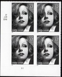 SCOTT  3943  GRETA GARBO  37¢  PLATE BLOCK OF 4  MNH   STOCK PHOTO