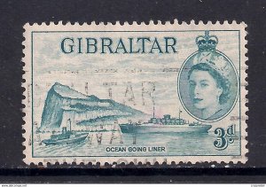 Gibraltar 1953 - 59 QE2 3d Blue Used Stamp SG 150 ( F486 )