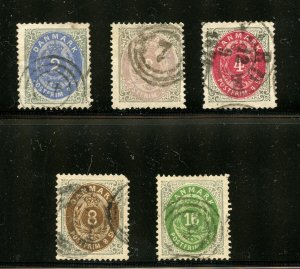 Denmark #16-20 (DE169) Numeral perforated 14 x 13 1/2 issues, Used, F-VF,CV$427.