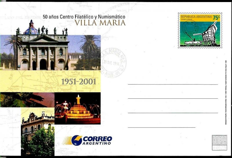 PS-132 ARGENTINA 2001 P STATIONARY VILLA MARIA PHILATELIC CLUB 50° ANIV UNUSED