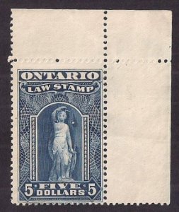 CANADA: ONTARIO; Law Stamp, $5 Blue #OL62 MINT CORNER EXAMPLE w C reverse bend