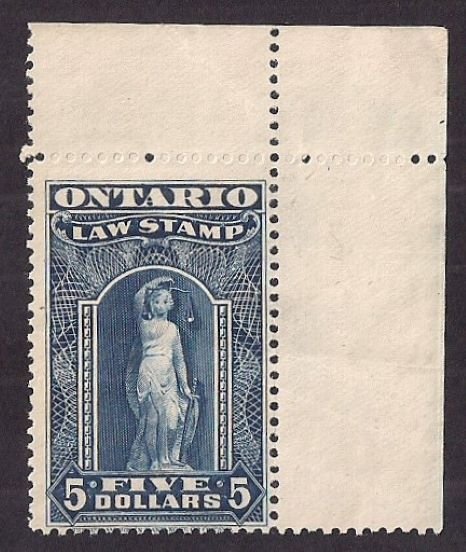 CANADA: ONTARIO; Law Stamp, $5 Blue #OL62 MINT CORNER EXAMPLE w C reverse bend