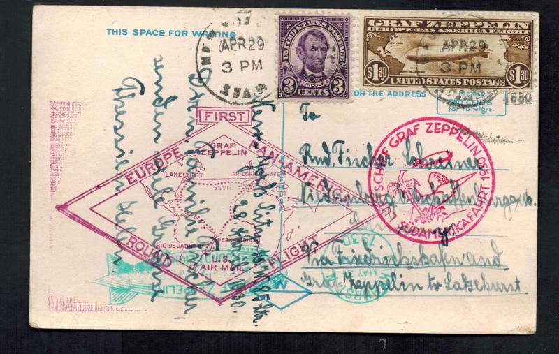 1930 USA Graf Zeppelin Postcard Cover Around the World to Germany # C14