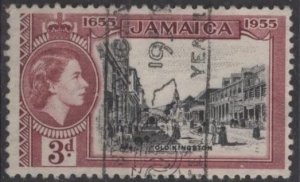 Jamaica 157 (used) 3p Old Kingston, Eliz. II, dp plum (1955)