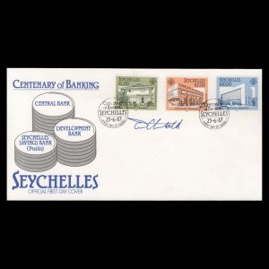 Seychelles 1987 Banking Centenary first day cover signed by Tony Theobald ...