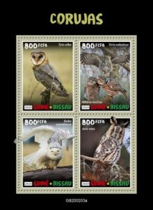 Guinea-Bissau - 2020 Owls, Barn, Great Grey, Snowy - 4 Stamp Sheet - GB200203a