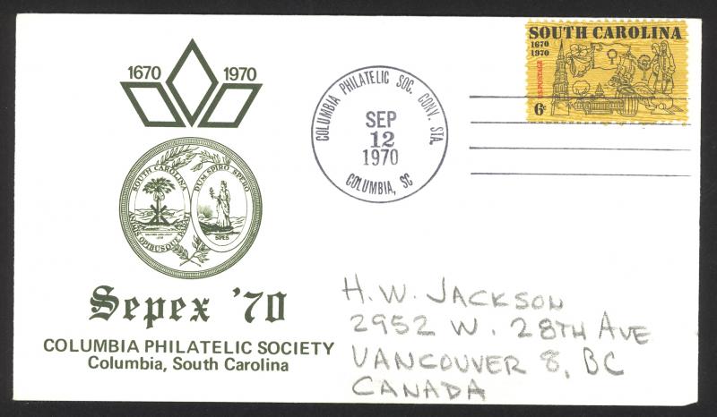 USA Sc# 1407 (Sepex '70 cachet) FDC single (c) (Columbia) 1970 South Carolina