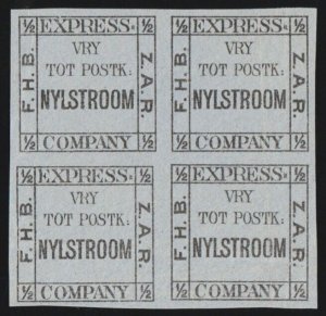 TRANSVAAL 1887 Bakker's Express Local Post ½d Nystroom block. Scarce multiple.