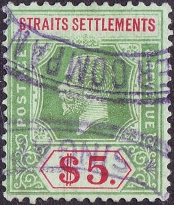 MALAYA STRAITS SETTLEMENTS 1918 KGV $5 Green & Red/Blue-Green, Olive SG212b FU