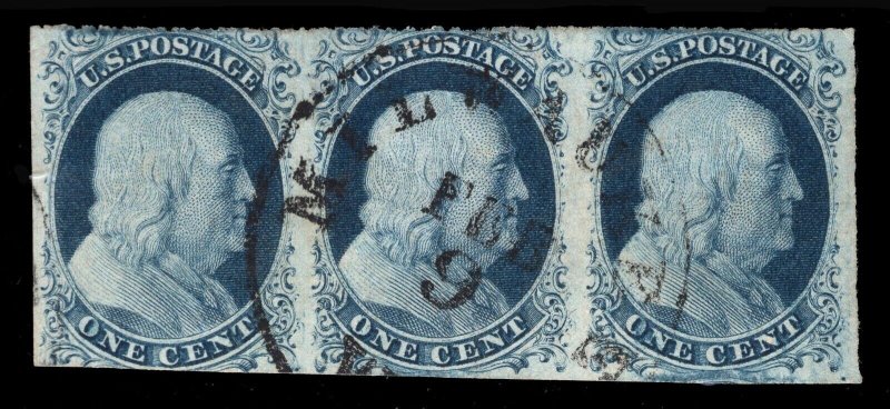 MOMEN: US STAMPS #7 STRIP 26-28R2 IMPERF USED PF CERT LOT #81823