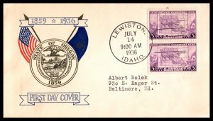 1936 Oregon Territory centenary Sc 783-19 FDC Plimpton cachet Lewiston ID (J3