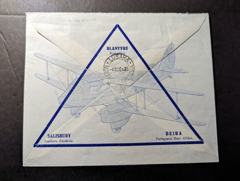 1935 Mozambique Airmail First Flight Cover FFC Beira to Lusaka N Rhodesia