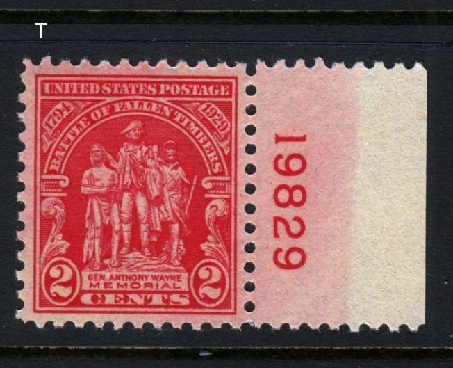 1929 Fallen Timbers Sc 680 MNH plate number, Hebert CV $15