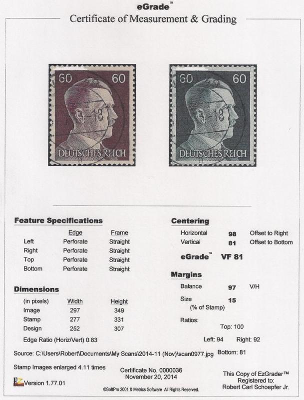 Germany #522 60pf Adolf Hitler Stamp used EGRADED VF 81