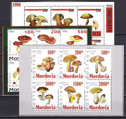 Mordovia, 1996 Russian Local. 3 Mushroom sheets of 6. ^