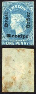 Ceylon Receipt BF2  1862 1d Blue Imperf wmk Star