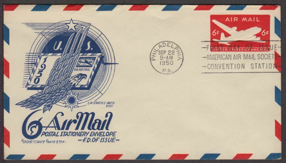 1950 Air mail 6c carmine entire Sc UC18 Type I Cachet Craft Staehle ...