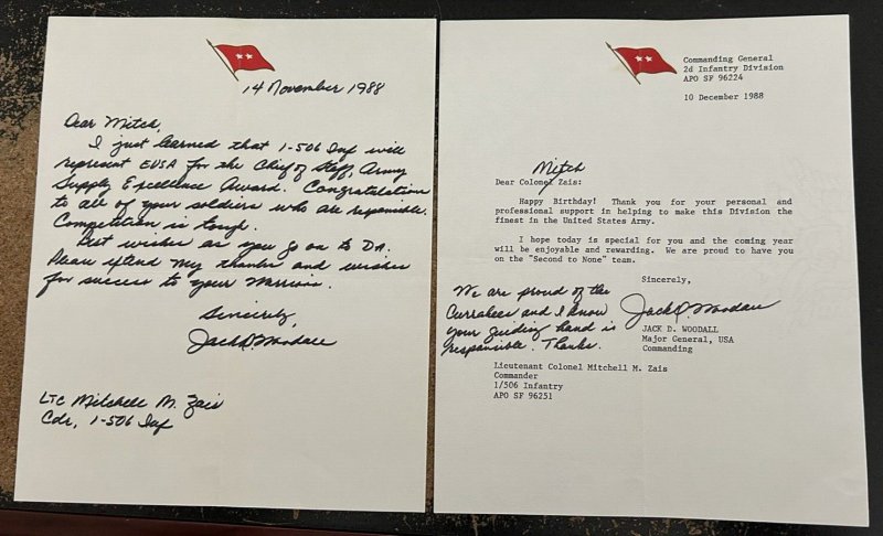 2 Major General Jack D. Woodall Signed 1988 Letters to LTC Mitchell Zais 939x