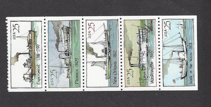 USA #2409a MNH booklet pane of 5, steam boats, issued 1989