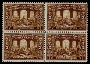 MNH Canadian 1917 Confederation 3c Postage Stamp Block, Scott #135** cv $540