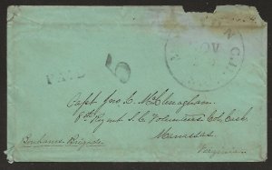 CSA  11/20/1861 Marian CH SC Paid 5 Capt J McClenagham Manassas Cover Col Cash