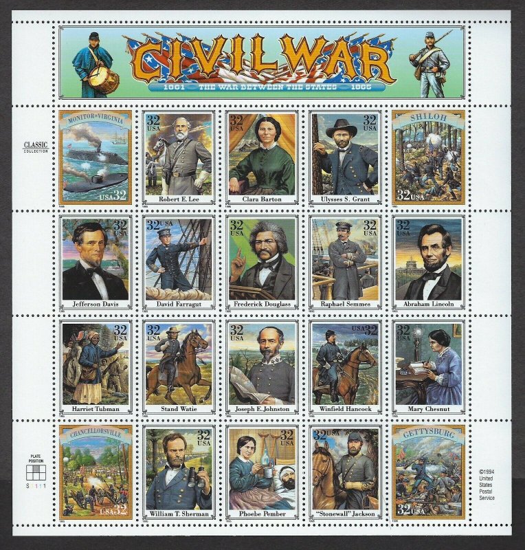 U.S.#2975 CIVIL WAR MINT, VF, NH   FULL SHEET @ FACE VALUE!