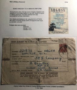 1940s Bristol England Argosy Undercover Mail PC Cover To Mediterranean Force