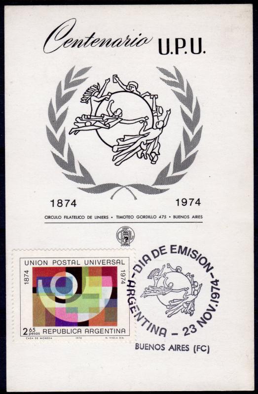 Argentina 1974 Sc#1029 UPU CENTENARY (1) Official F.D.C.in a Card