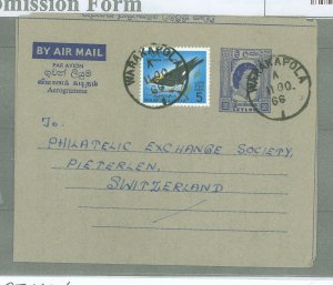 Ceylon  1963 Postal Stationery, 30c Violet blue  + 5c Stamp, From Warakapola 1966 66 inverted, Long message