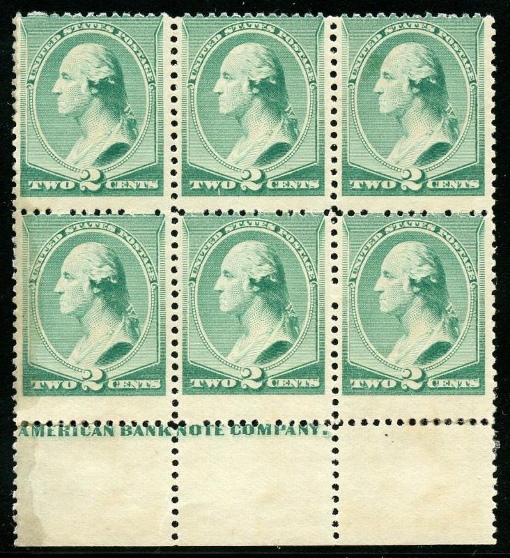 UNITED STATES SCOTT#213 2c WASHINGTON BLOCK OF SIX MINT NEVER  HINGED