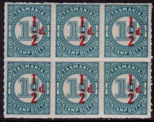 Tasmania  1/2 d on 1 d  stamp Duty Mint NH  block of 6