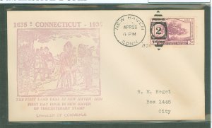 US 772 1935 3c Connecticut Tercentenary (Charter Oak) single on an addressed (typed) first day cover with an unofficial New Have