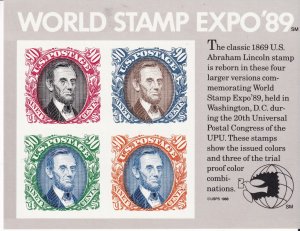 Sc# 2433 1989 U.S 90¢ Abraham Lincoln imperf souvenir sheet S/S MNH CV $16.00