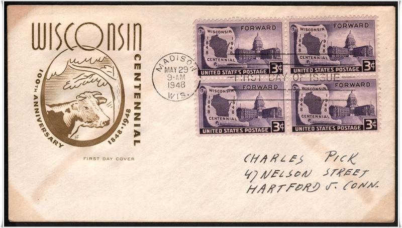 SC#957 3¢ Wisconsin Centennial FDC B4 (Adr/Farnam)