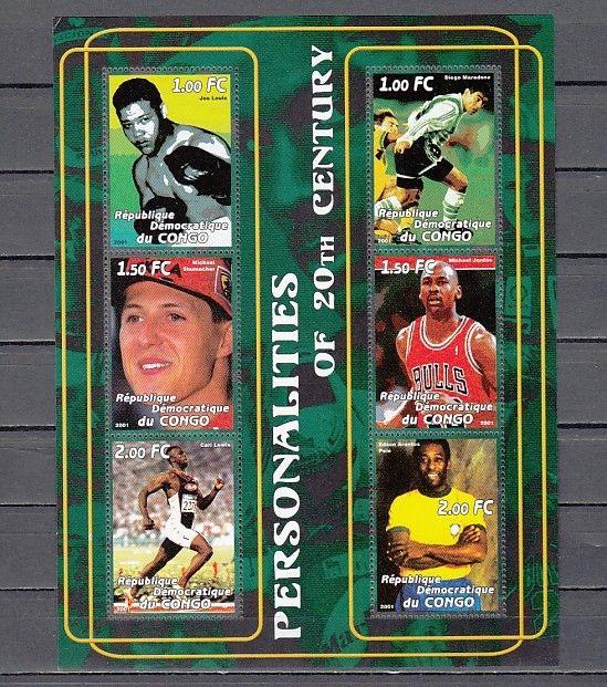 Congo, Dem 2001 Cinderella issue. Sports Personalities sheet of 6