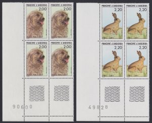 Andorra Fr. Dog Hare 2v Corner Blocks of 4 Numbers 1988 MNH SC#367-368